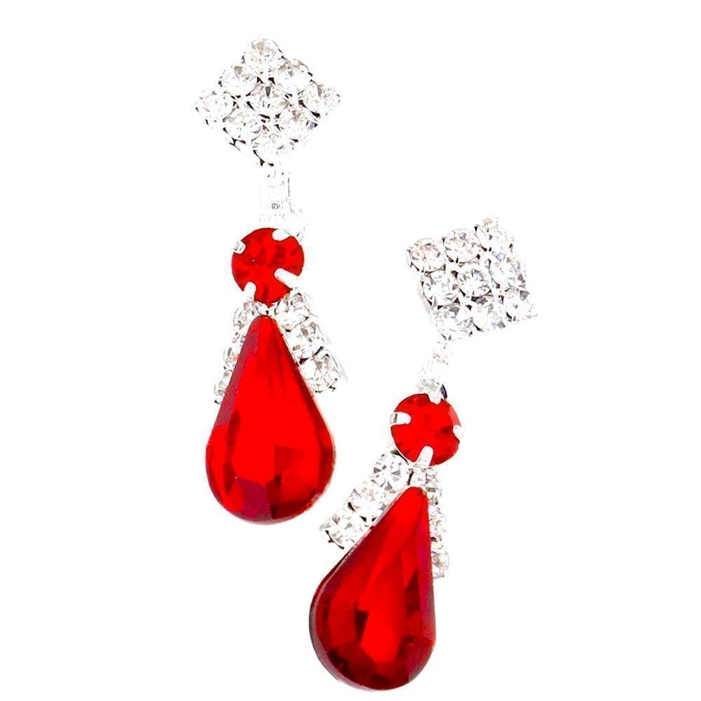 Ruby Red & Rhinestones Teardrop Accented Dangle Evening Statement Earrin…